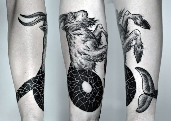 Masculine Guys Capricorn Sea Goat Forearm Tattoo With Geometric Design