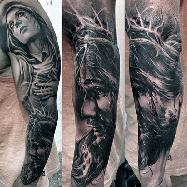 Tattoo sleeves featuring detailed portraits of a man and a woman with head coverings