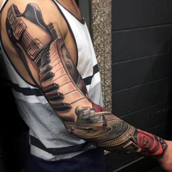 Masculine Guys Full Sleeve Piano Keys And Music Themed Tattoo Design