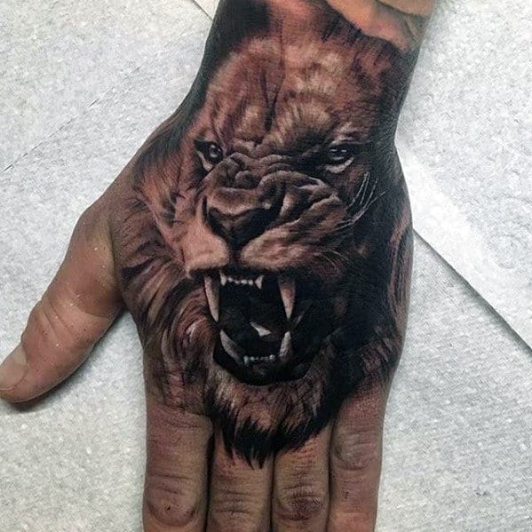 Masculine Guys Hand Tattoo With Lion Design