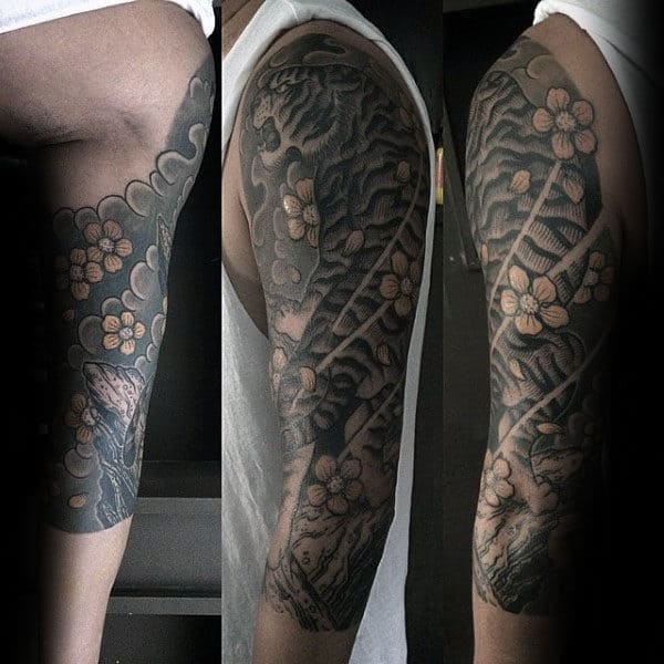 Masculine Guys Japanese Tiger Shaded Half Sleeve Tattoo