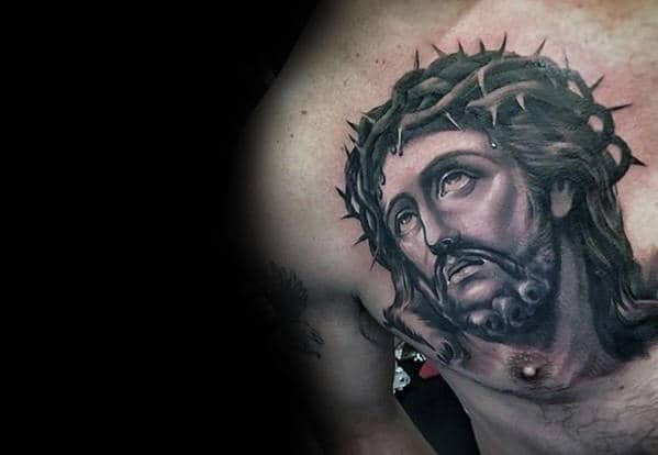 Masculine Guys Jesus Shaded Upper Chest Portrait Tattoo
