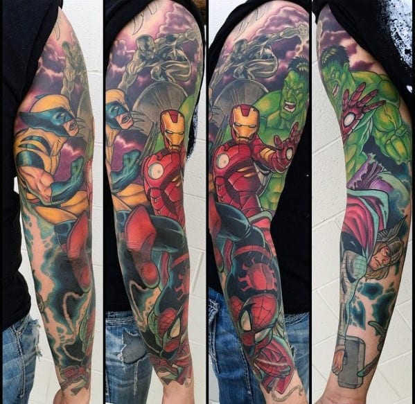 Masculine Guys Marvel Full Arm Sleeve Superhero Tattoo Ideas