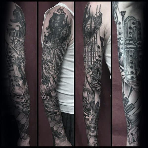 Masculine Guys Music Shaded Black And Grey Ink Full Sleeve Tattoo Design Inspiration