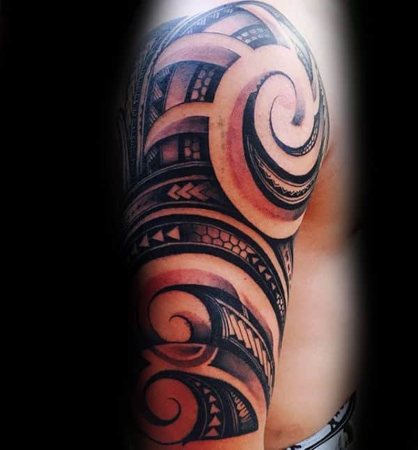 Masculine Guys Negative Space Tattoo Of Samoan Tribal Design Half Sleeve