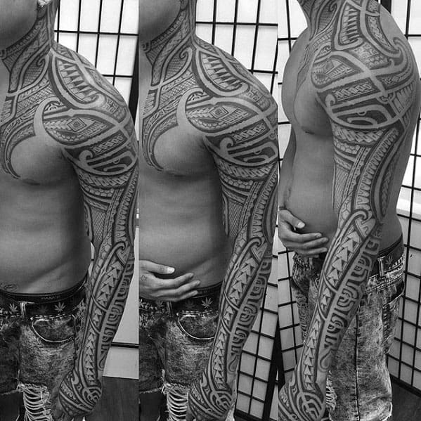 Masculine Guys Polynesian Tribal Sleeve Tattoo Ideas