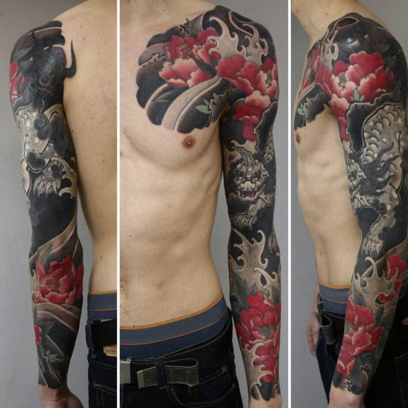 Masculine Guys Red Flower Japanese Sleeve Tattoo