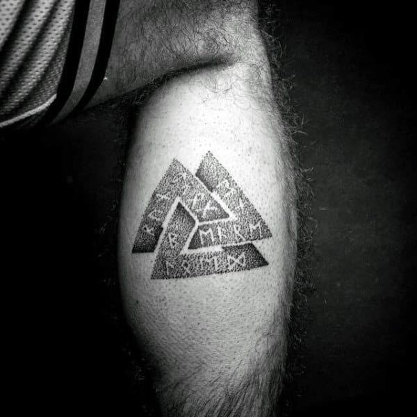 Masculine Guys Rune Dotwork Norse Valknut Leg Tattoo Designs