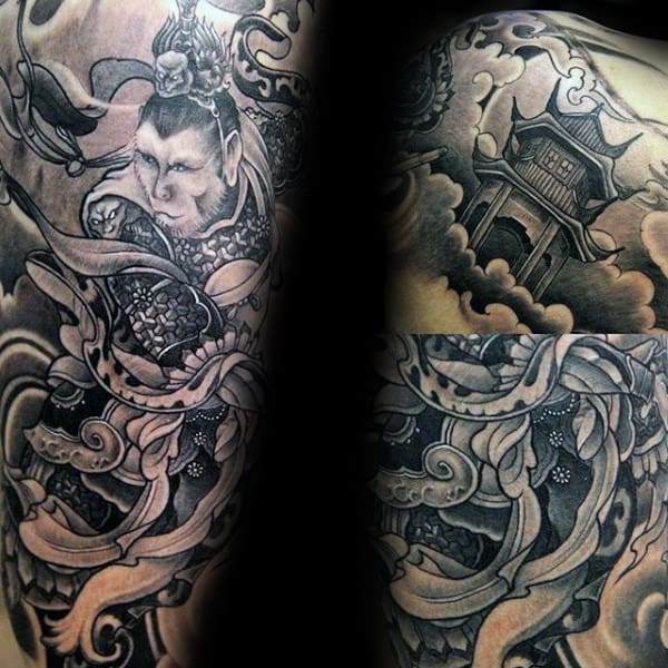 Masculine Guys Shaded Black And Grey Monkey King Sleeve Tattoo
