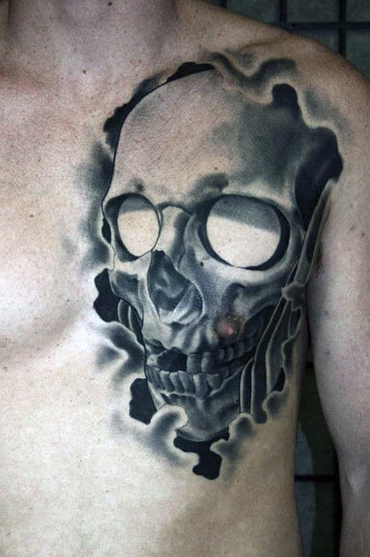 Masculine Guys Shaded Skull Black And Grey Ink Tattoo On Chest