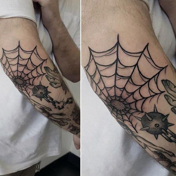 Masculine Guys Spider Web Black Ink Elbow Tattoo