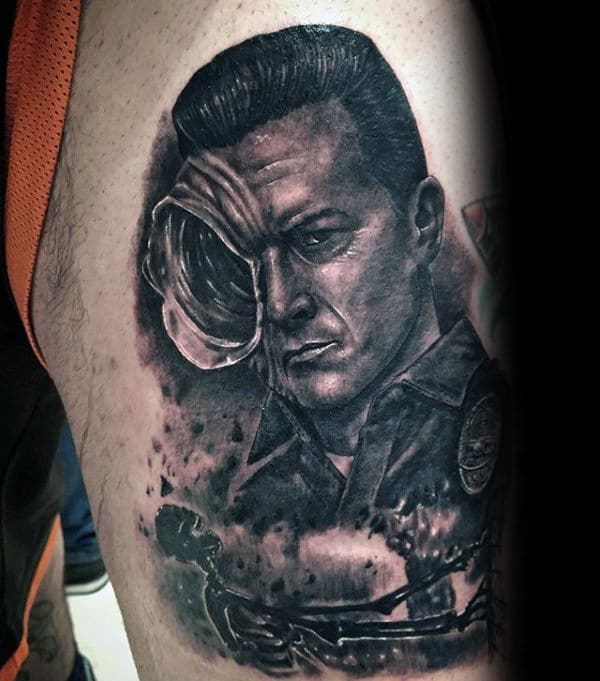 Masculine Guys Terminator Thigh Tattoo Design Ideas