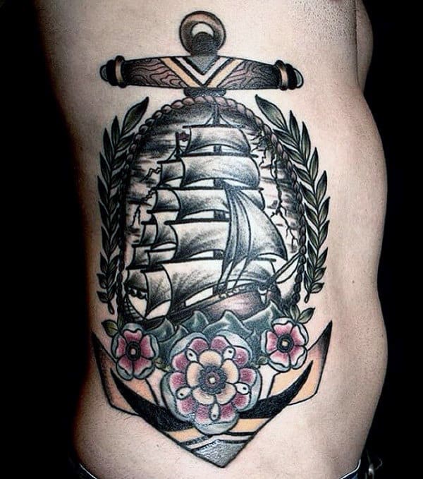 Masculine Guys Traditional Ship Anchor And Flowers Rib Cage Side Tattoo Ideas