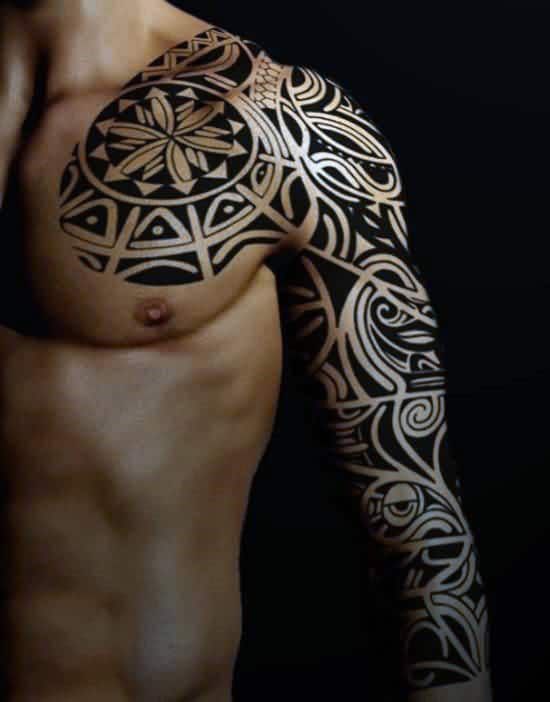 Masculine Guys Tribal Sleeve And Chest Tattoos