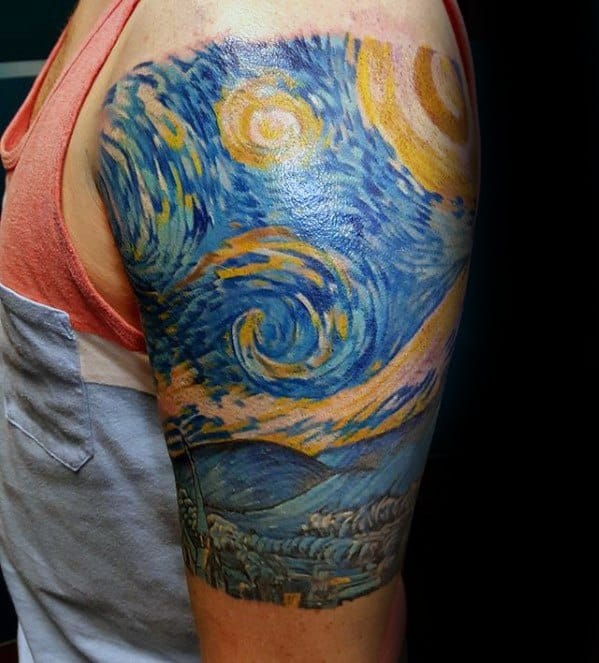 Masculine Half Sleeve Starry Night Tattoo Ideas For Men