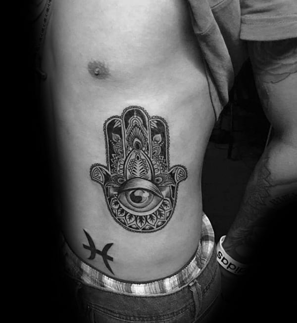 Masculine Hamsa Mens Rub Cage Side Tattoo With Shaded Design