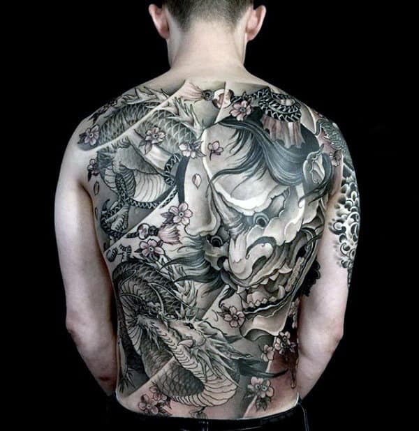 Masculine Hannya Mask And Dragon Full Back Tattoos For Men