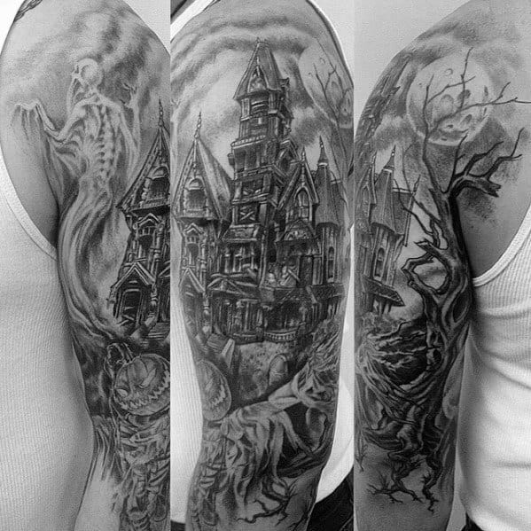 Full sleeve tattoo of a towering haunted mansion with gnarled tree roots, ghostly figure, twisted branches, full moon, and eerie atmosphere.