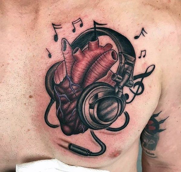 Masculine Headphones Heart Tattoos For Men Upper Chest