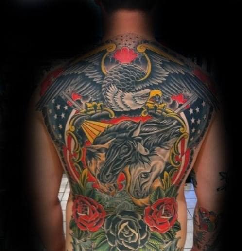 Masculine Horses With Eagle And American Flag Back Tattoo