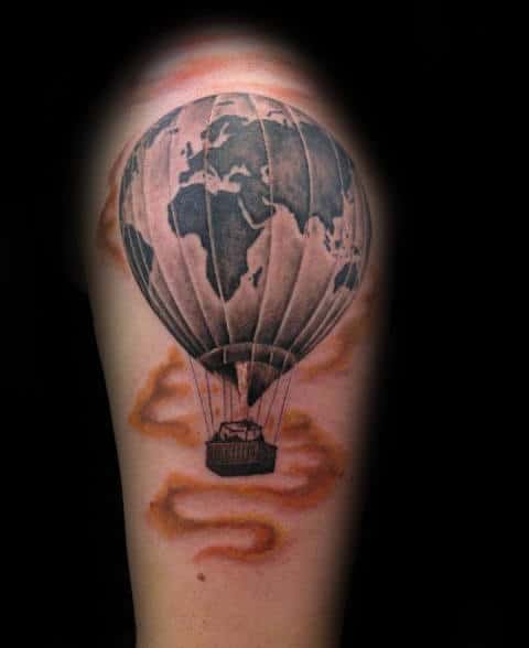 Masculine Hot Air Balloon Globe Tattoo For Guys