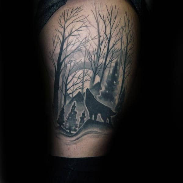 Masculine Howling Wolf Silhouette Mens Leg Tattoo Ideas