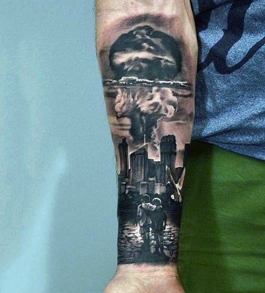 Masculine Inner Forearm City Skyline Mushroom Cloud Tattoos For Men