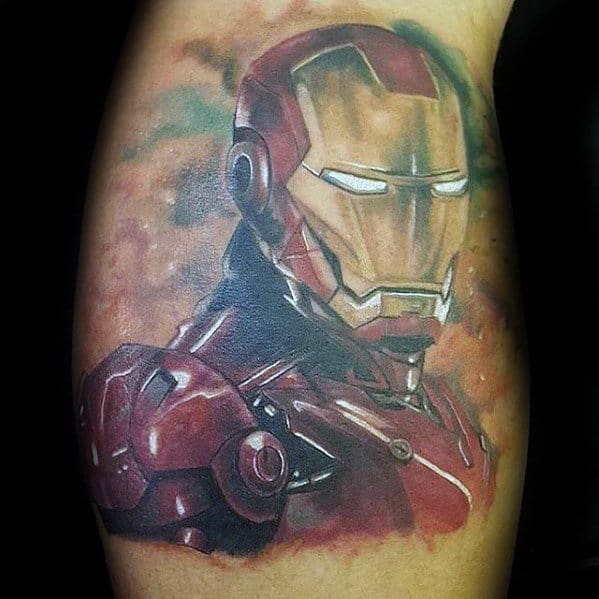 Iron Man tattoo featuring a detailed and vibrant portrait of his helmet and chest, with striking colors and shading that emphasize the metallic texture of his armor.