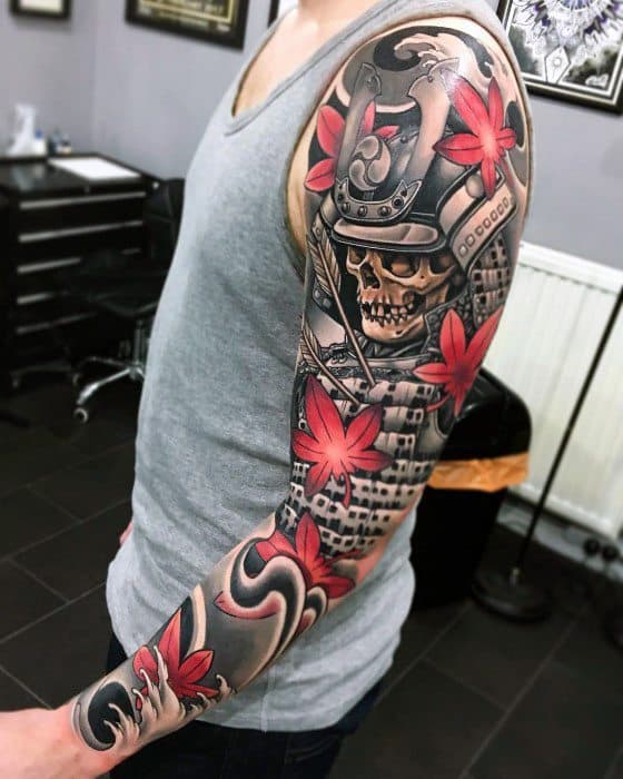 Masculine Japanese Samuari Badass Skull Sleeve Tattoos For Men