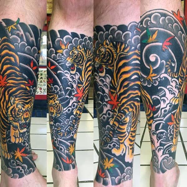 Masculine Japanese Tiger Leg Sleeve Mens Tattoos