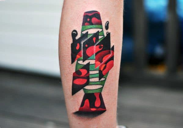 Abstract lava lamp tattoo with fragmented design and bold red wax, ideal for modern men's tattoo inspiration.
