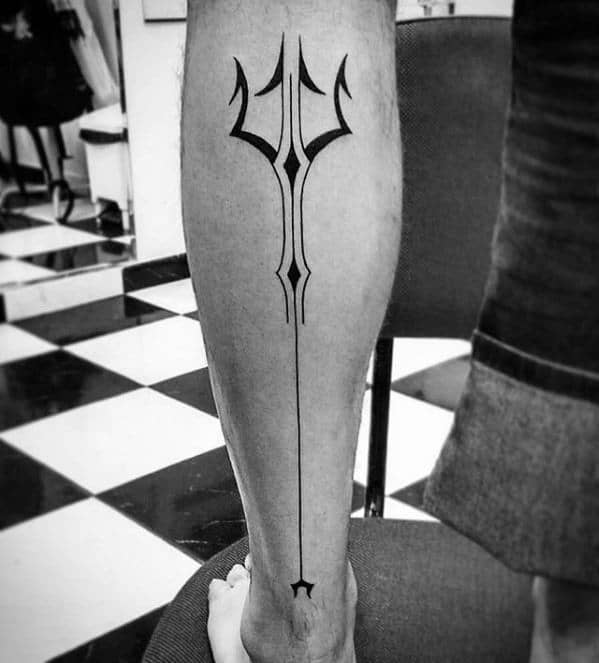 Masculine Linework Trident Tattoos For Men Back Of Leg