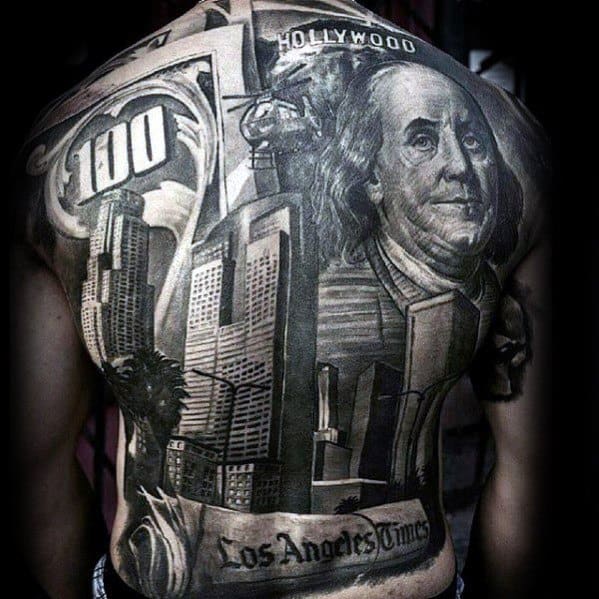 Full back tattoo featuring Los Angeles skyline, Hollywood sign, Benjamin Franklin, $100 bill, helicopter, and Los Angeles Times logo.