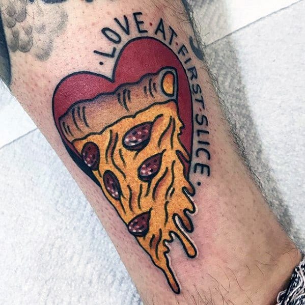 Masculine Love At First Slice Heart Pizza Tattoos For Men On Lower Leg