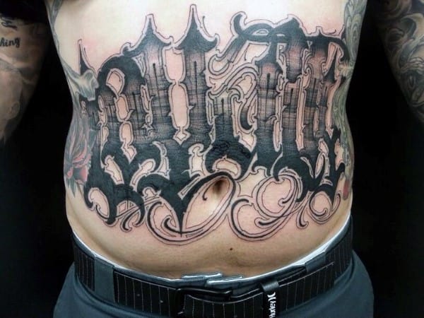 Masculine Loyalty Mens Decorative Lettering Tattoo On Stomach