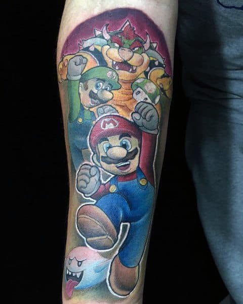 Detailed tattoo of Mario running forward with Luigi looking worried behind him, as Bowser looms in the background with a Boo floating nearby.