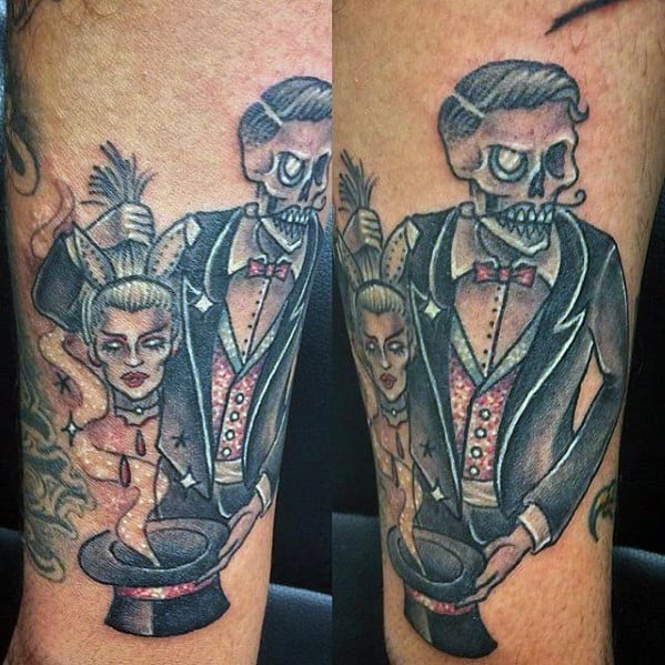 Tattoo of a skeleton magician and a woman with top hat illusion