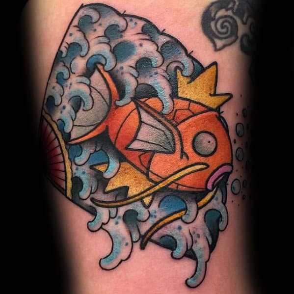 Magikarp tattoo with bold outlines, surrounded by stylized ocean waves in a traditional Japanese-inspired design.