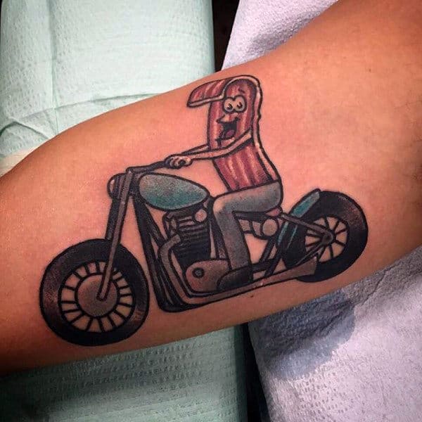 Masculine Male Forearms Happy Bacon Riding Bike Tattoos