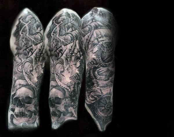 Masculine Male Half Sleeve Kraken Skull Tattoo Ideas