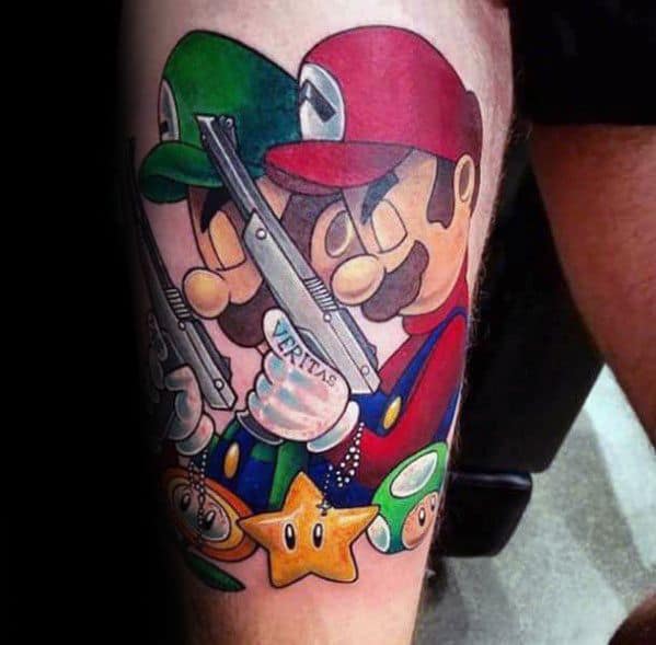 Bold *Super Mario* and *Luigi* tattoo inspired by *Boondock Saints*, featuring the duo holding guns with "Veritas" engraving, blending gaming and film.