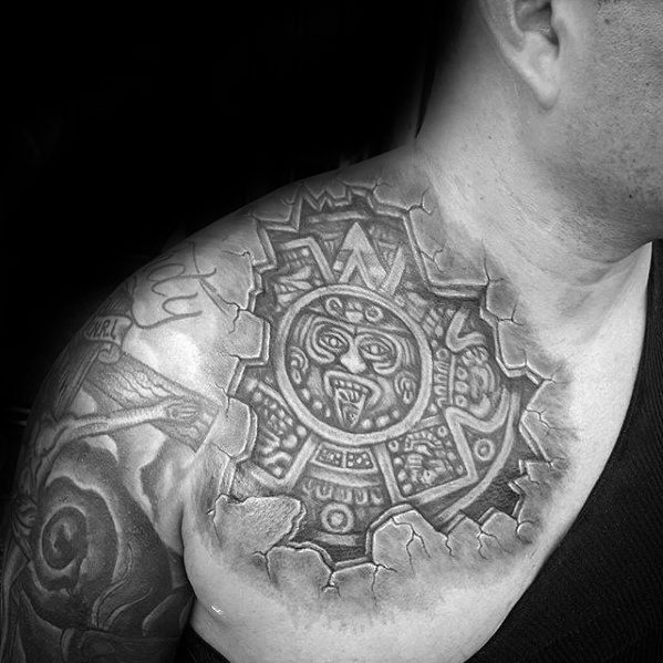 Masculine Mayan Calender Tattoos For Men Stone 3d Upper Chest
