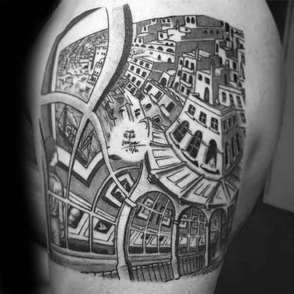 Tattoo inspired by MC Escher’s “High and Low,” depicting a warped cityscape with distorted architecture and shifting perspectives.