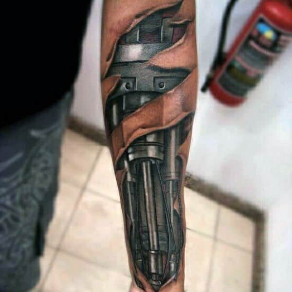 Masculine Mens 3d Terminator Ripped Skin Mechanical Forearm Tattoo