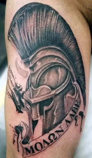 Masculine Mens Ancient Greek Molon Labe Helmet Tattoo Design On Arm
