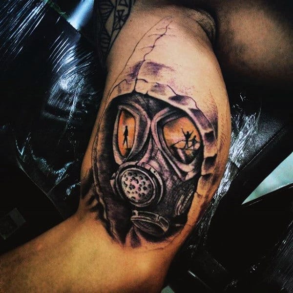 Masculine Men's Army Gas Mask Tattoo On Bicep