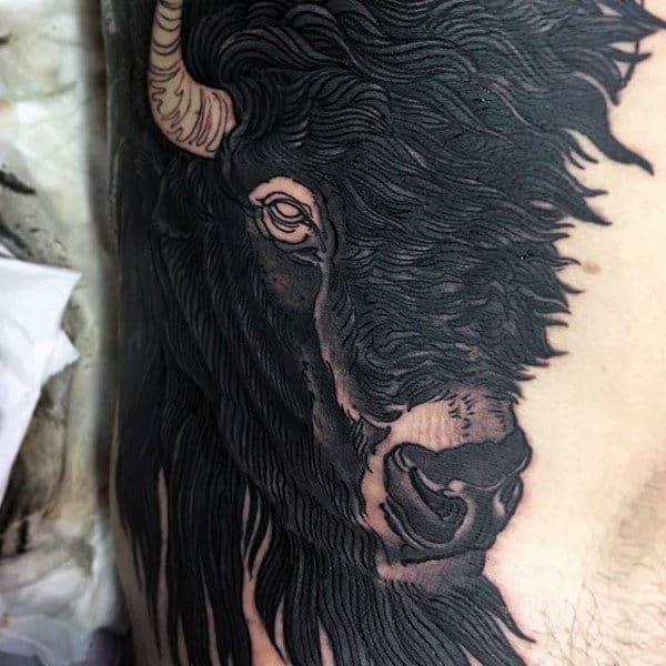 Masculine Mens Detailed Black Ink Bison Rib Cage Side Tattoo