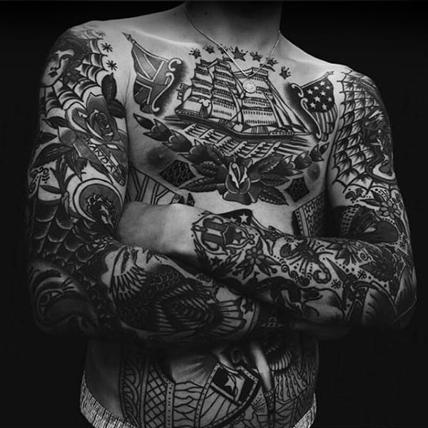 Masculine Mens Full Ship Traditional Upper Chest Tattoo Design Ideas