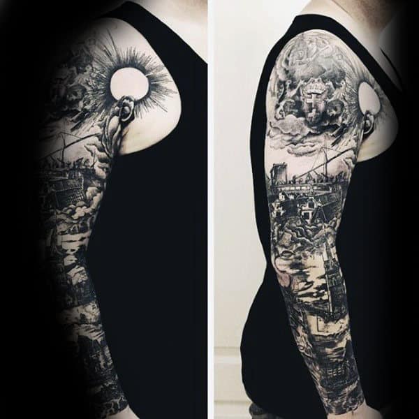 Masculine Mens Full Sleeve Building Tattoo