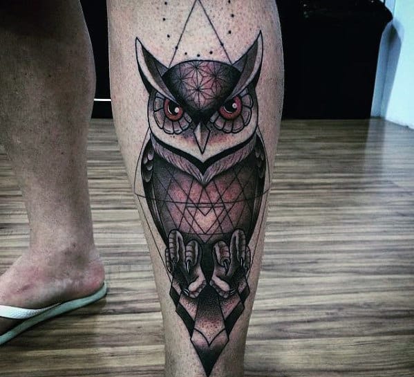Masculine Mens Geometric Owl Shin Tattoos